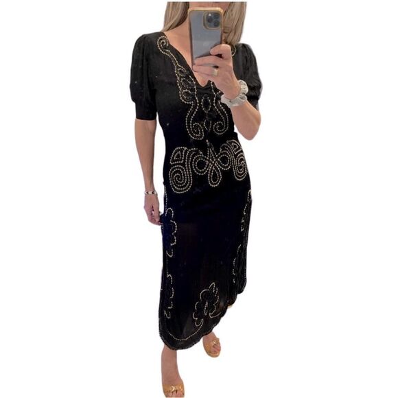 Barok Paris Chloe Laetitia Collection Boho Black Embroidered Midi Dress.Size S/M - Picture 1 of 16